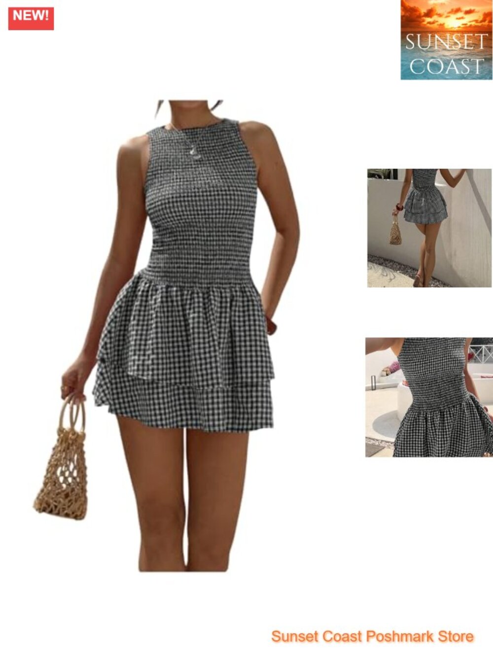 Women's Gingham Sleeveless Tank Mini Dress A-Line Ruffle Hem